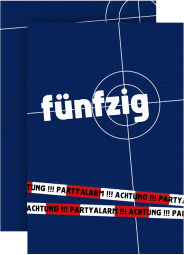 Einladung 50. Geburtstag Feierort A6 Karte hoch blau