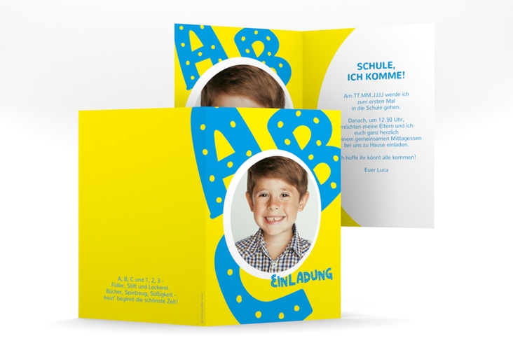 Einschulungskarte Alphabet A6 Klappkarte hoch blau
