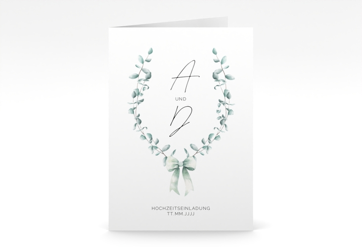 Einladungskarte Hochzeit Eucalypt Bow A6 Klappkarte hoch gruen hochglanz