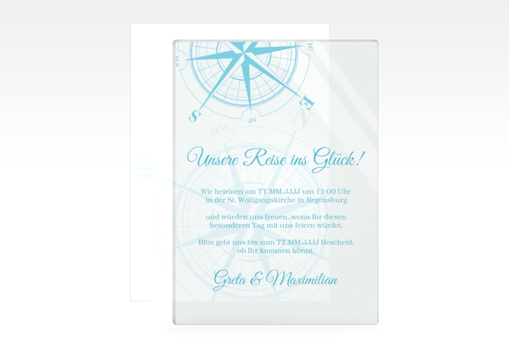 Acryl-Hochzeitseinladung Windrose Acrylkarte + Deckblatt hoch tuerkis