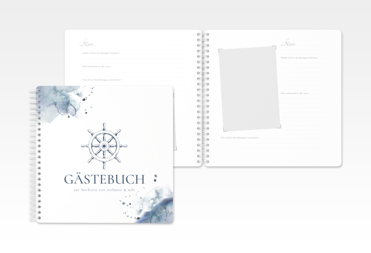 Gästebuch Hochzeit Steuerrad Ringbindung in maritimen Blautönen