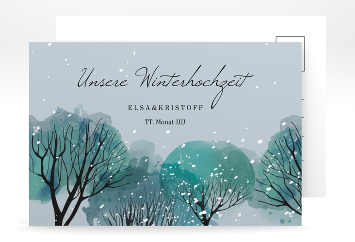Save the Date-Postkarte Winterhochzeit A6 Postkarte blau hochglanz