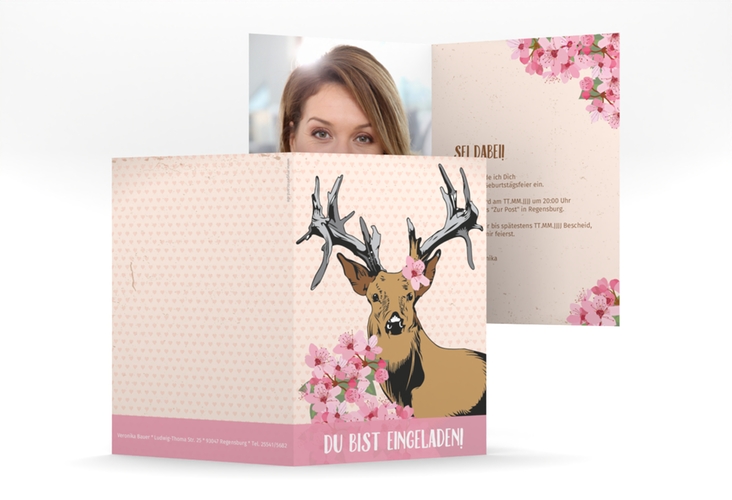 Einladung 40. Geburtstag Platzhirsch A6 Klappkarte hoch rosa
