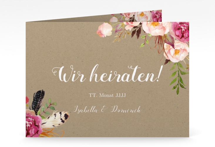 Hochzeitseinladung Flowers mittlere Klappkarte quer Kraftpapier hochglanz mit bunten Aquarell-Blumen