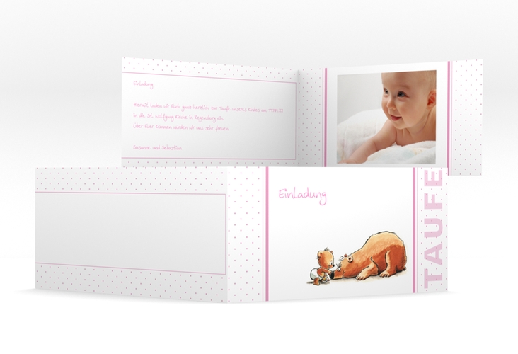 Einladungskarte Taufe Dinky lange Klappkarte quer rosa hochglanz