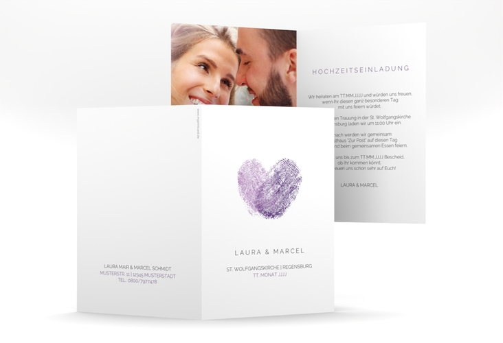 Einladungskarte Hochzeit Fingerprint A6 Klappkarte hoch lila schlicht mit Fingerabdruck-Motiv