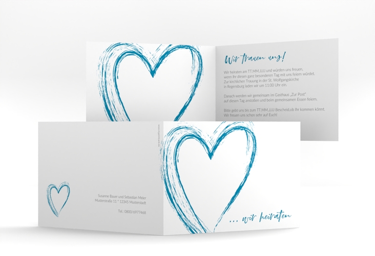 Hochzeitseinladung Liebe A6 Klappkarte quer tuerkis hochglanz
