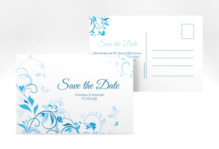 Save the Date-Postkarte Lilly A6 Postkarte blau hochglanz