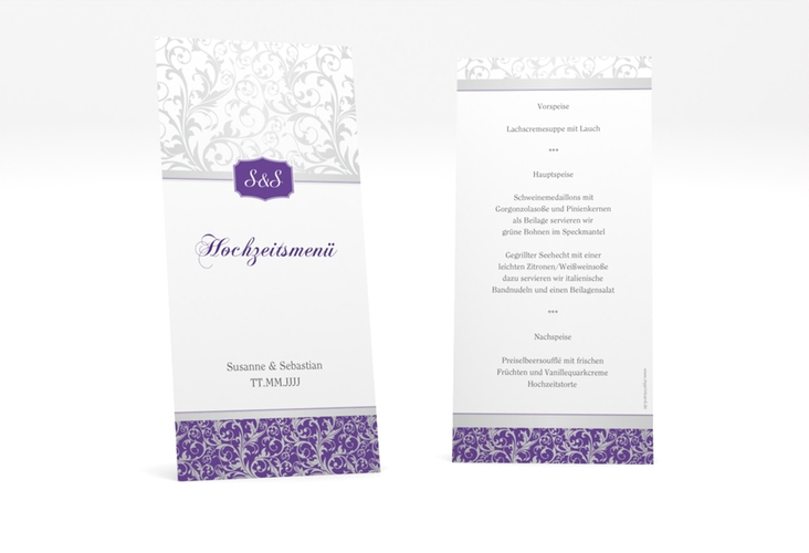 Menükarte Hochzeit Latina lange Karte hoch lila