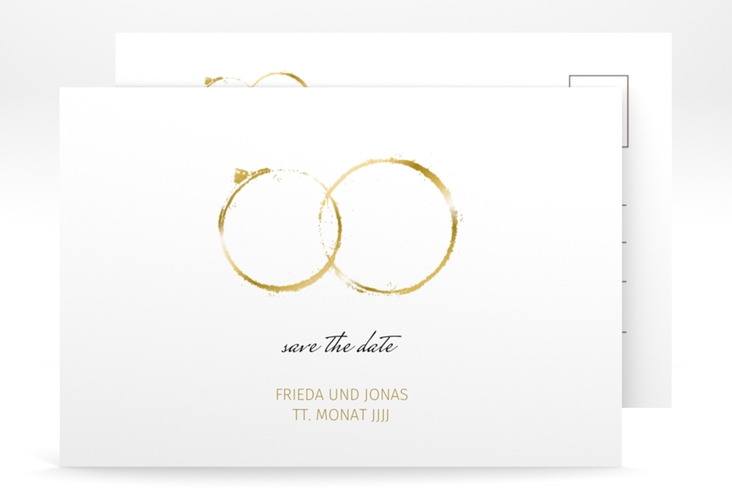 Save the Date-Postkarte Trauringe A6 Postkarte gold minimalistisch gestaltet mit zwei Eheringen