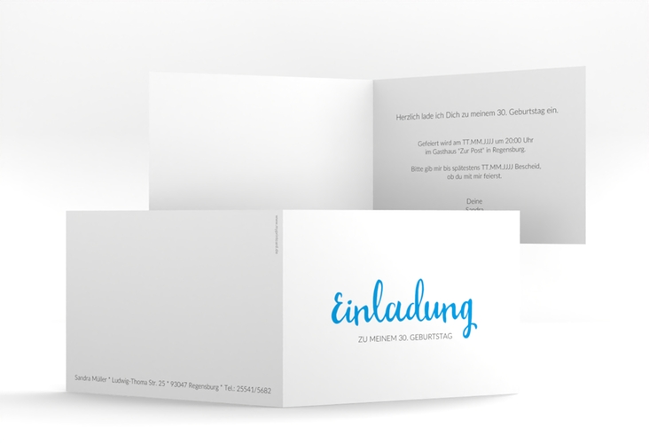 Einladung Geburtstag Handwriting A6 Klappkarte quer blau