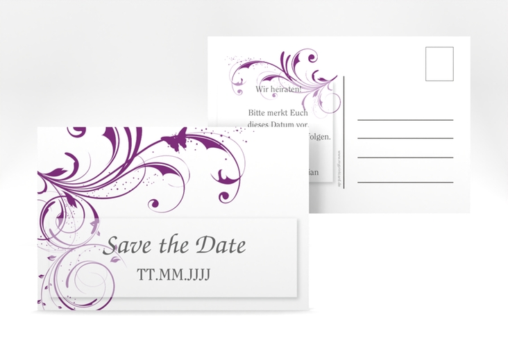 Save the Date-Postkarte Palma A6 Postkarte lila hochglanz