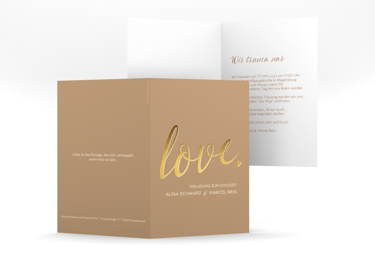 Einladungskarte Hochzeit Glam A6 Klappkarte hoch beige hochglanz
