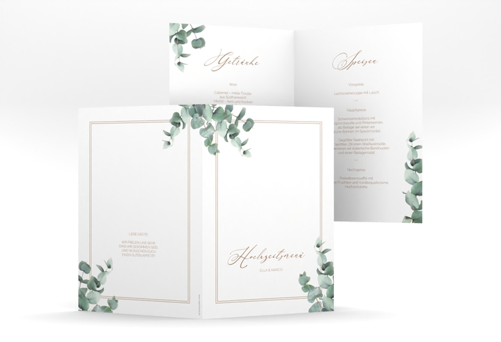 Menükarte Hochzeit Eucalypt A5 Klappkarte hoch mit Eukalyptus und edlem Rahmen