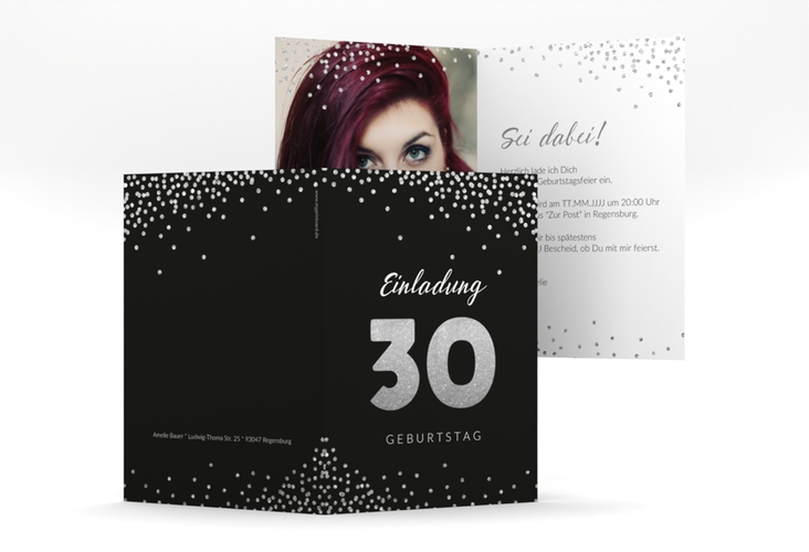 Einladung 30. Geburtstag Glitzer A6 Klappkarte hoch grau