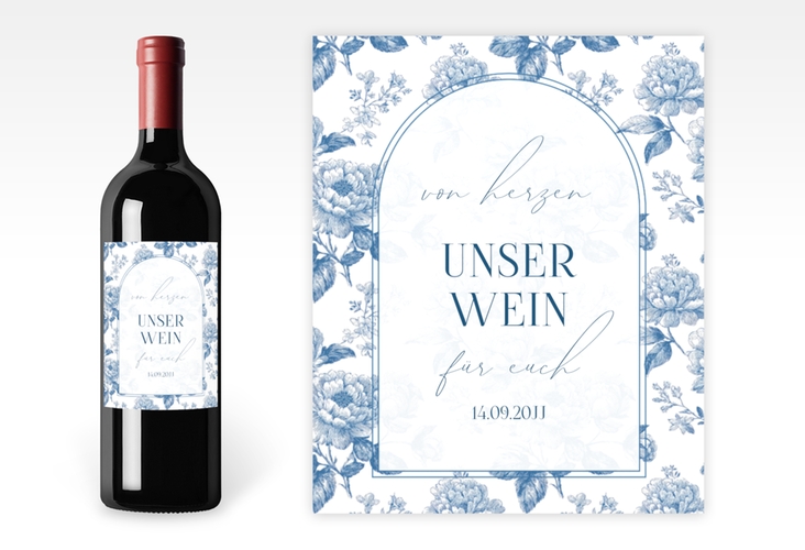 Weinetikett zur Hochzeit Blue Floral Etikett Weinflasche 4er Set weiss mit blauem Blumenmuster auf weißem Grund