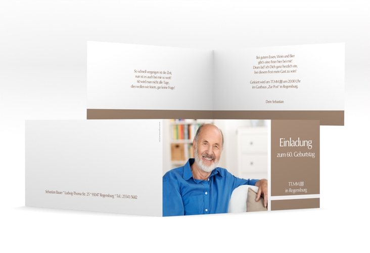 Einladung 60. Geburtstag Gerd/Gerda lange Klappkarte quer braun mit Foto