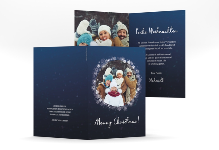 Weihnachtskarte Eiskristall A6 Klappkarte hoch blau hochglanz