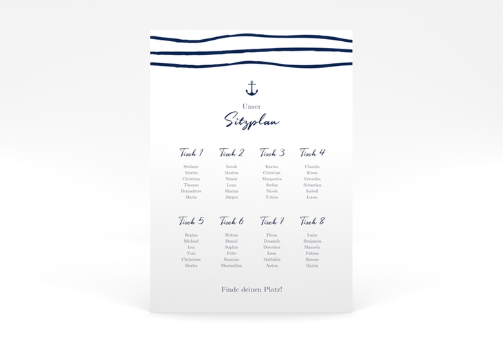 Sitzplan Poster Hochzeit Liebesanker 50 x 70 cm Poster blau mit maritimem Streifenmuster und kleinem Anker