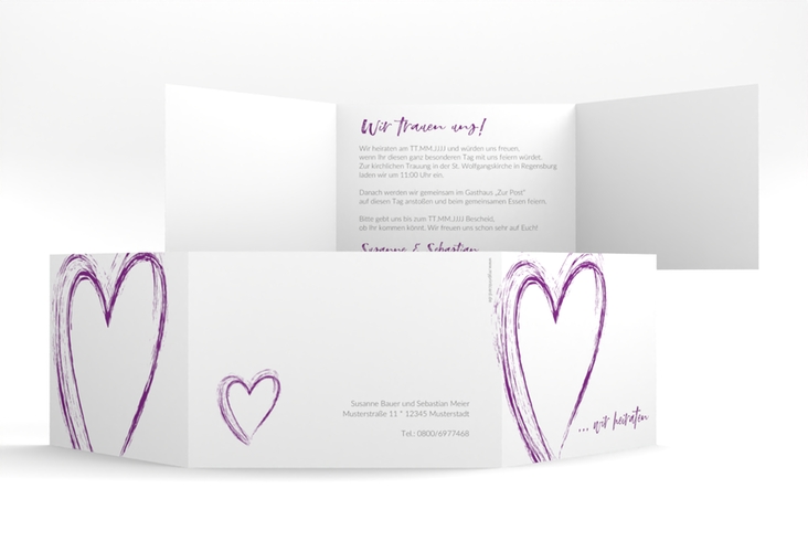 Hochzeitseinladung Liebe A6 Doppel-Klappkarte lila hochglanz