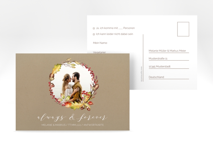 Antwortkarte Hochzeit Herbstlich A6 Postkarte Kraftpapier