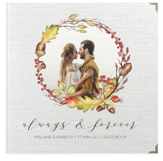 Klick: Details zu Gästebuch Selection Hochzeit "Herbstlich" anzeigen Gästebuch Selection Hochzeit Herbstlich Leinen-Hardcover weiss mit Eichenkranz und Foto