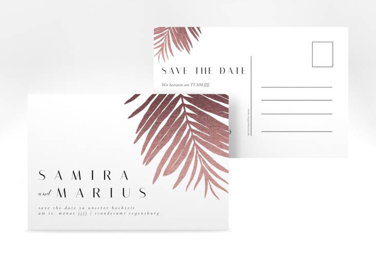 Save the Date-Postkarte Palmenblatt A6 Postkarte rosa mit Palmenwedel