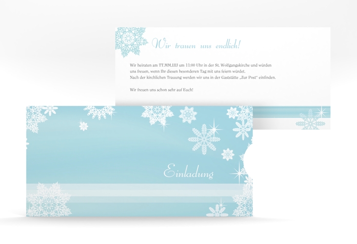 Hochzeitseinladung Meran Einsteckkarte in Hellblau mit Schneeflocken