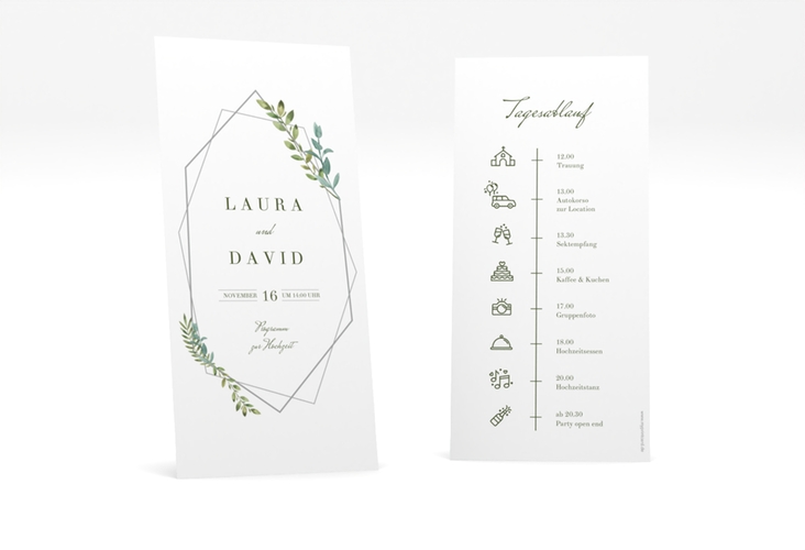 Tagesablauf Hochzeit Herbarium lange Karte hoch grau mit geometrischem Rahmen und Blätter-Dekor