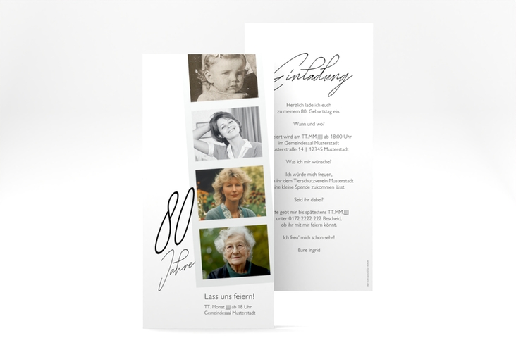 Einladung 80. Geburtstag Fotostreifen lange Karte hoch