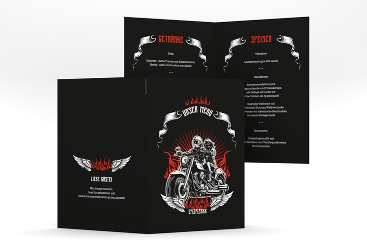 Menükarte Hochzeit Biker A5 Klappkarte hoch mit Rocker-Paar auf Motorrad