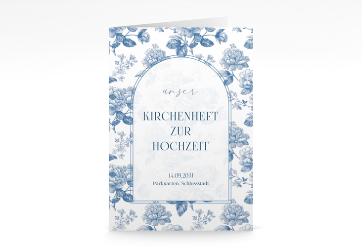 Kirchenheft Hochzeit Blue Floral A5 Klappkarte hoch mit blauem Blumenmuster auf weißem Grund