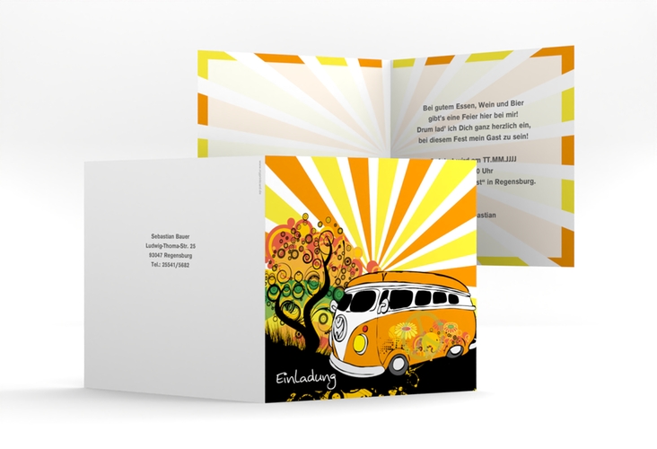 Einladung Geburtstag Heiko/Heike quadr. Klappkarte hochglanz im Retro-Design mit Hippie-Bus