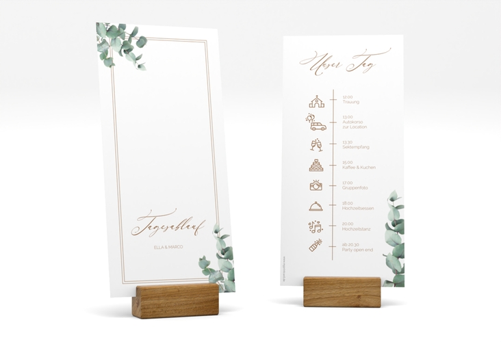 Tagesablauf Hochzeit Eucalypt lange Karte hoch hochglanz mit Eukalyptus und edlem Rahmen