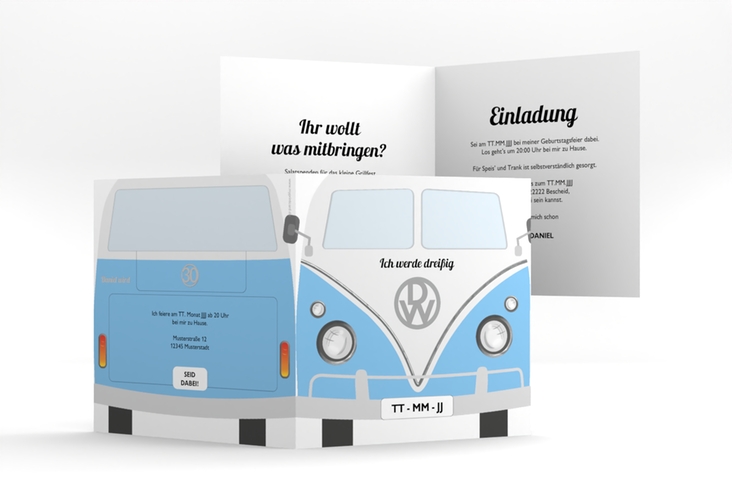 Einladung 30. Geburtstag Bulli Bus quadr. Klappkarte