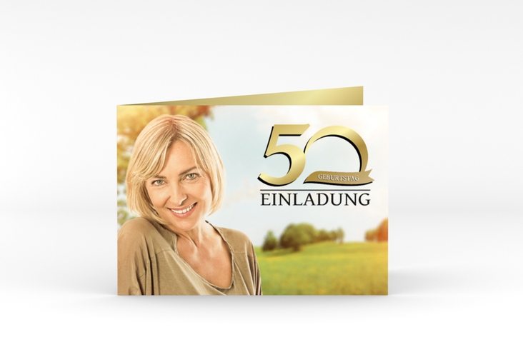 Einladung 50. Geburtstag Golden A6 Klappkarte quer