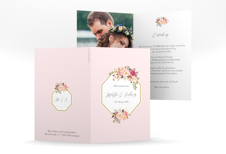 Einladungskarte Hochzeit Prachtvoll A6 Klappkarte hoch rosa hochglanz