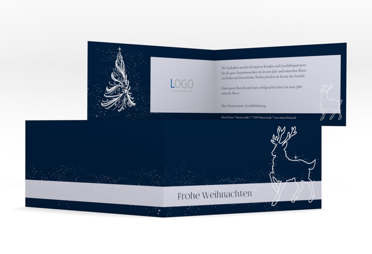 Business-Weihnachtskarte Wintermagic lange Klappkarte quer hochglanz mit Rentier im Sternenhimmel