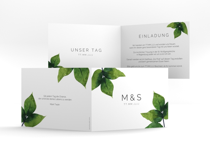 Hochzeitseinladung Greenery A6 Klappkarte quer minimalistisch mit grünen Blättern