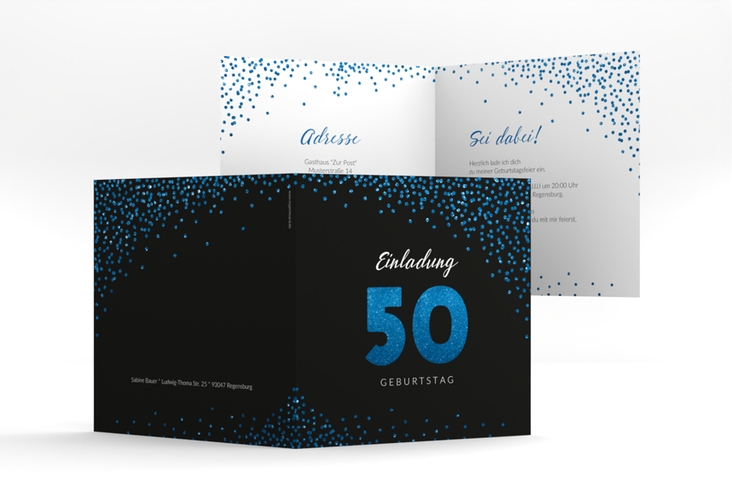 Einladung 50. Geburtstag Glitzer quadr. Klappkarte blau