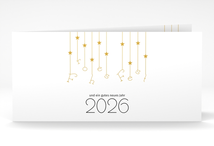 Geschäftliche Weihnachtskarte Windspiel lange Klappkarte quer weiss hochglanz schlicht mit Sternchen-Girlande und Jahreszahl