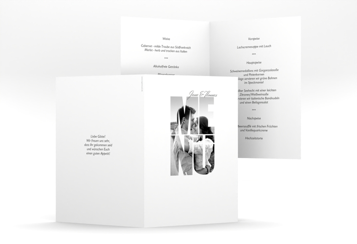 Menükarte Hochzeit Letters A5 Klappkarte hoch