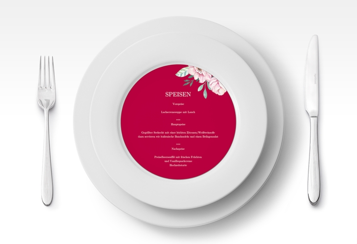Menükarte Hochzeit "Blooming" rund rot