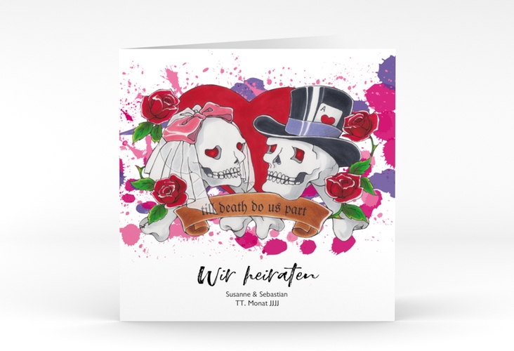Einladungskarte Hochzeit "Palermo" quadratische Klappkarte weiss mit Totenschädel-Paar im Tattoo-Stil
