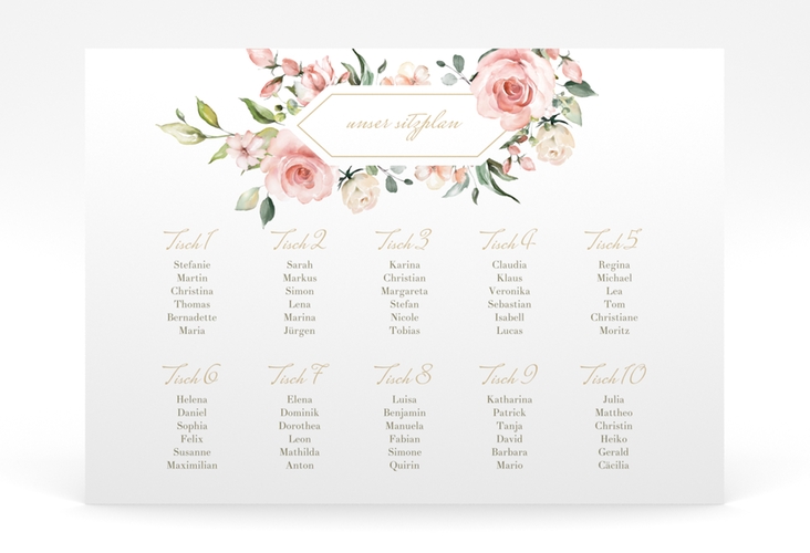 Sitzplan Poster Hochzeit Graceful 70 x 50 cm Poster weiss mit Rosenblüten in Rosa und Weiß