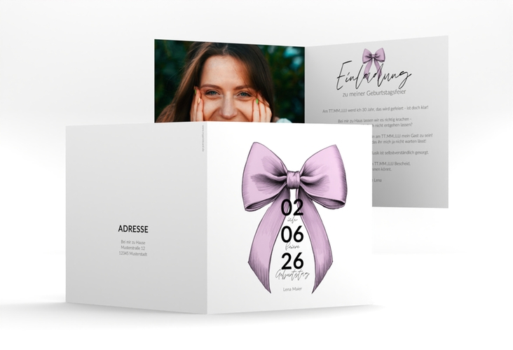 Einladung 30. Geburtstag Geburtstagsschleife quadr. Klappkarte rosa hochglanz