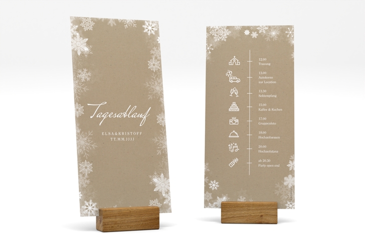 Tagesablauf Hochzeit Snowfall lange Karte hoch mit Schneeflocken für Winterhochzeit