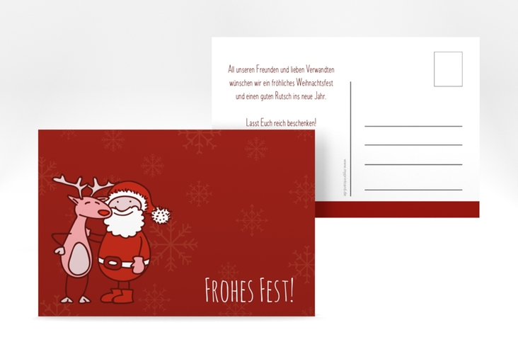 Weihnachtskarte Cartoon A6 Postkarte hochglanz lustig mit Weihnachtsmann und Rentier Rudolf