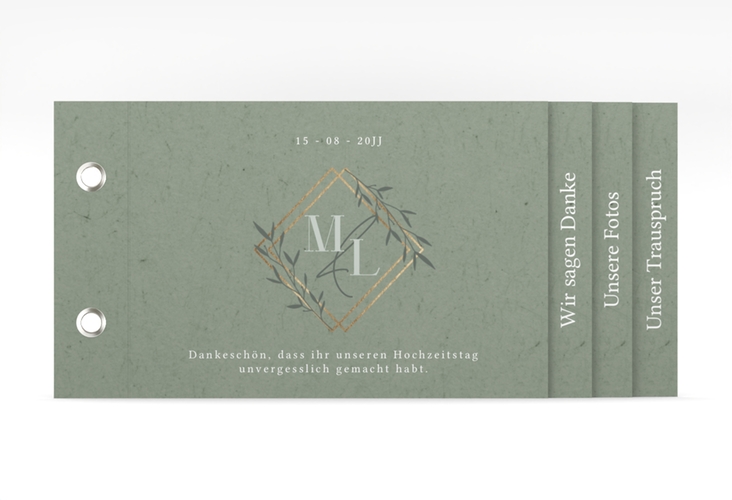 Danksagungskarte Hochzeit Greenletter Booklet mit Initialen in elegantem Goldrahmen mit Blättern