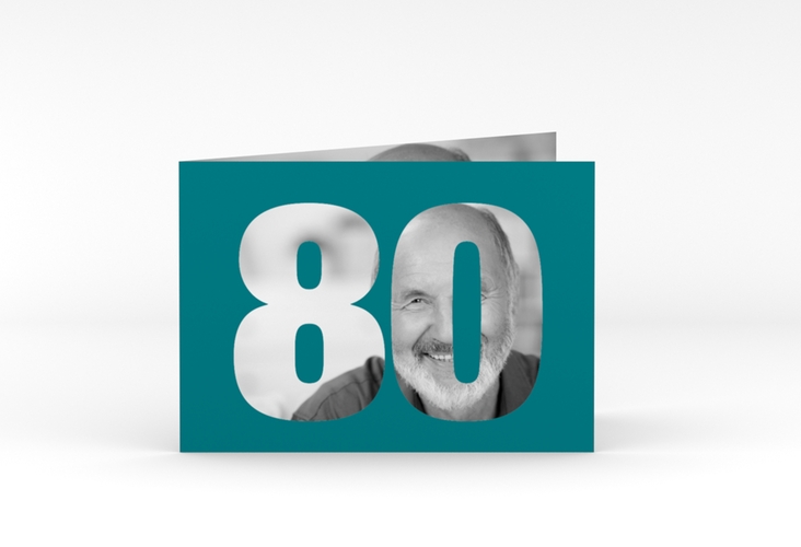 Einladung 80. Geburtstag Numbers A6 Klappkarte quer tuerkis